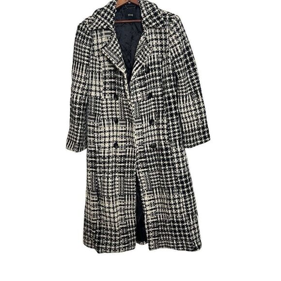 MNG Mango Check Tweed Wool Blend Double Breasted Coat Black & Off White Small - Picture 1 of 9